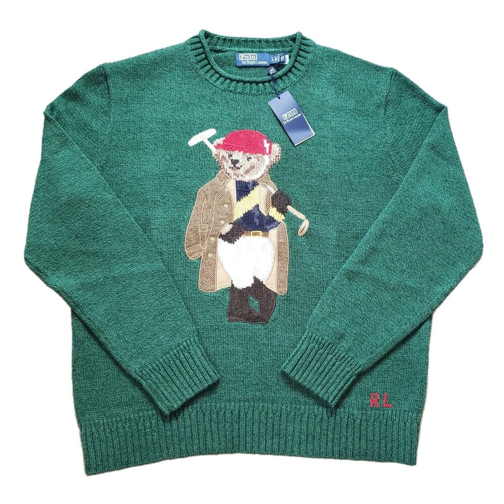 NWT Polo Ralph Lauren Haberdashery Bear Sz Large Mens Green Linen Blend Sweater